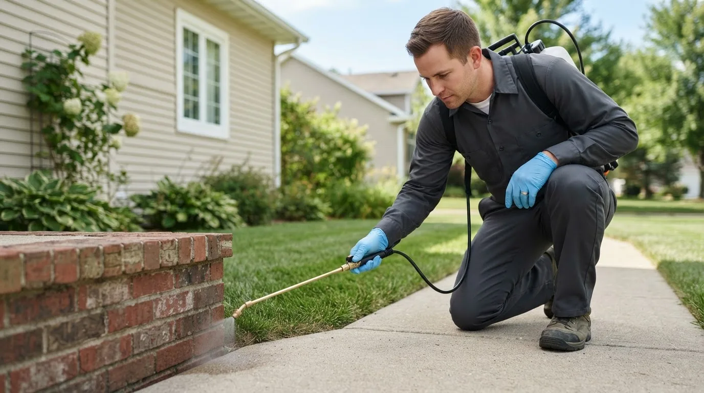 Pest control technician treating a home near Washburn, ME